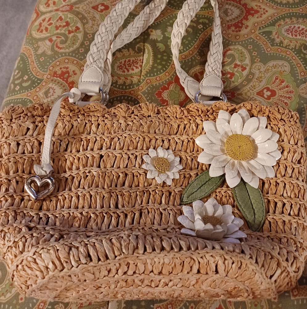Brighton beige sunflower flower wicker tote shoulder bag purse